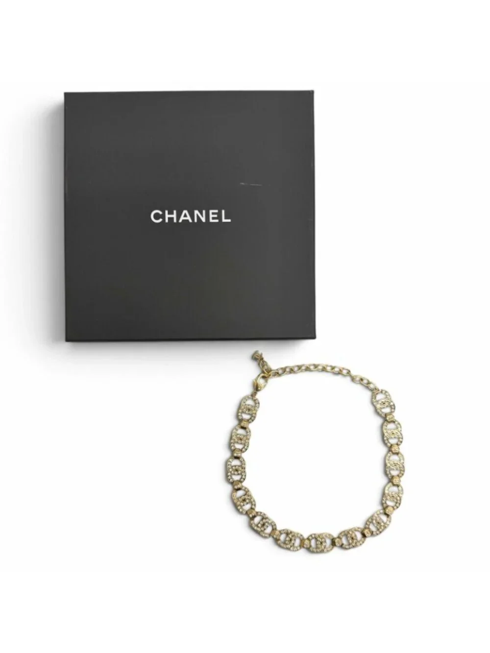 Chanel CC Logo Rhinestone Choker Necklace Gold